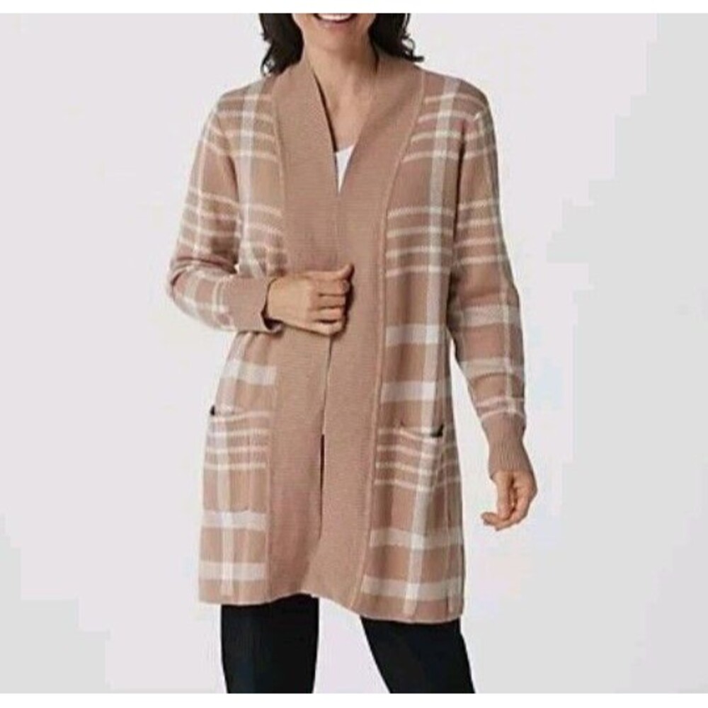 Isaac Mizrahi Live Jacquard Cozy Cardigan Cappuccino Plaid 2X New